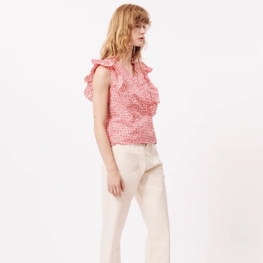 FRNCH blouse micro‎ floral Sleeveless Top office career bright NWT